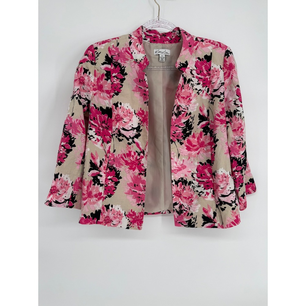 Kim Rogers Petite Womens Pink Floral 100% Linen Blazer Open Front Jacket Sz PM